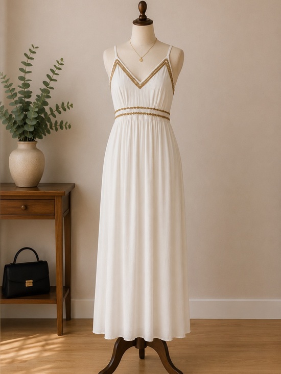 Japna Dresses & Skirts - Japna Ivory Boho Maxi Dress Empire Waist Adjustable Straps 100% Rayon Size S